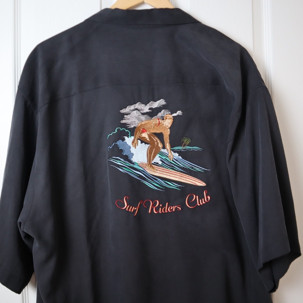 Tori Richard Mens Embroidered Surf Rider's Club Black Mens XXL Silk Camp Shirt